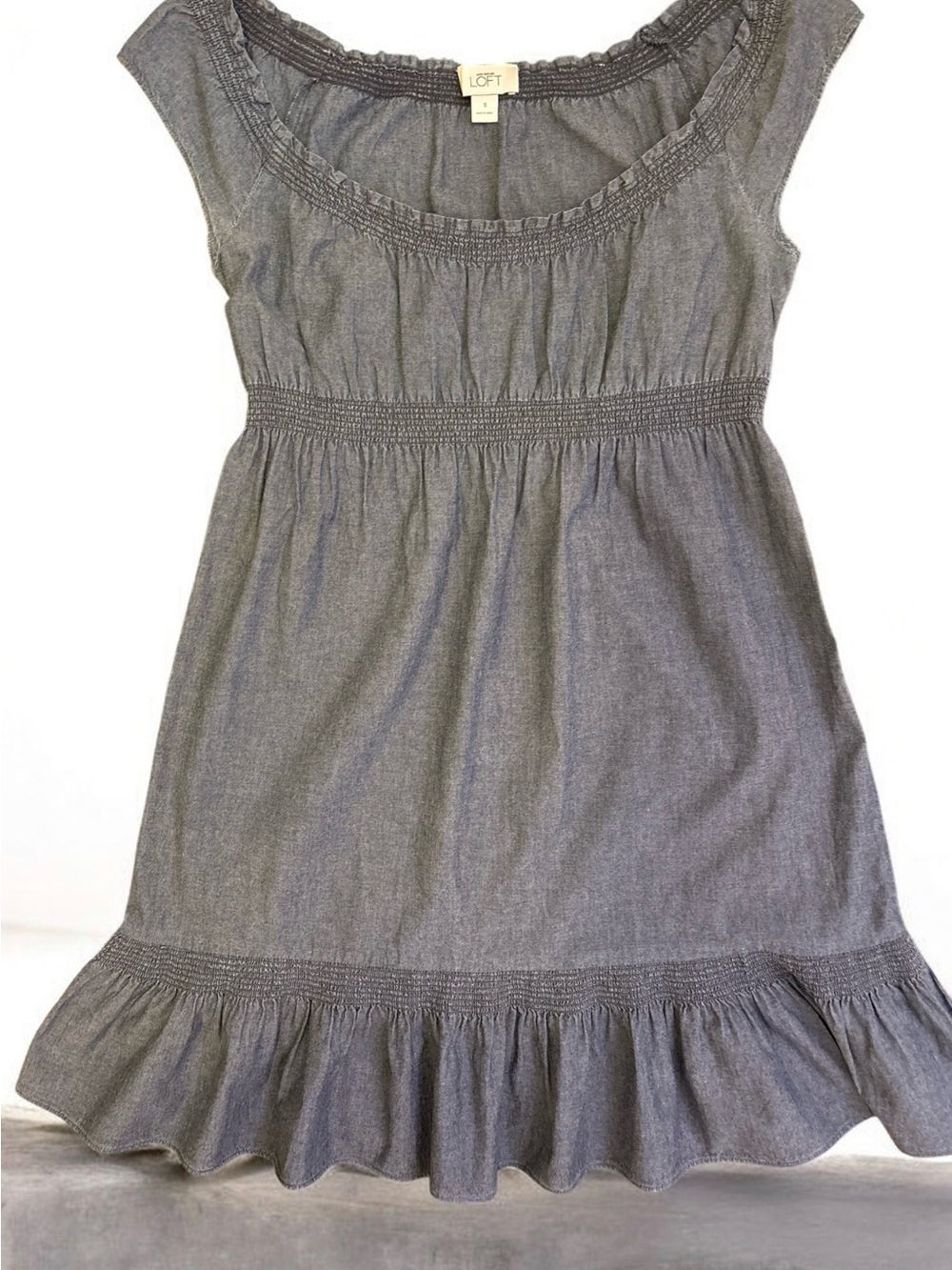 LOFT Gray Ruffle-Hem Casual Dress with Smocked Waist